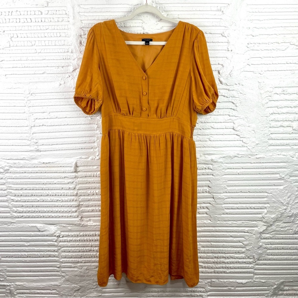 Ann Taylor Factory Mustard Yellow V-Neck Puff Sleeve Dress